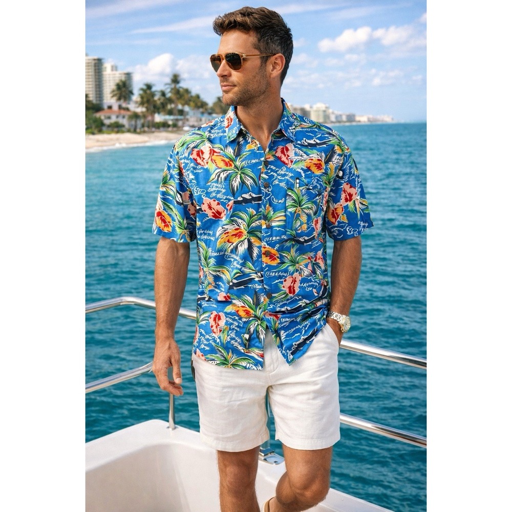 VTG Kennington Hawaiian‎ Shirt Flying To Hawaii Airplane, Print Blue Men M USA
